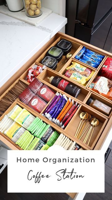 Organized Coffee Drawer, Kitchen Tea Organization, Tea Coffee Drawer Organization, Desk Tea Station, Office Counter Organization, Hotel Room Tea And Coffee Station, Coffee And Tea Organization Countertop, Coffee Tea Drawer Organizer, Kitchen Coffee And Tea Station