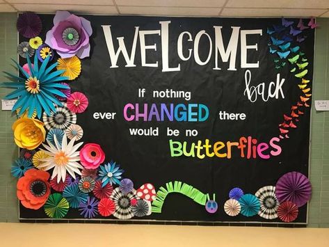 Magician Bulletin Board Ideas, Butterfly Themed Bulletin Boards, Bord Decorations For School, Spring Bulletin Boards High School, Result Day Board Decoration Ideas, Flower Bulletin Board Ideas, Black Board Design, Creative Display Boards For School, Field Day Games For Kids