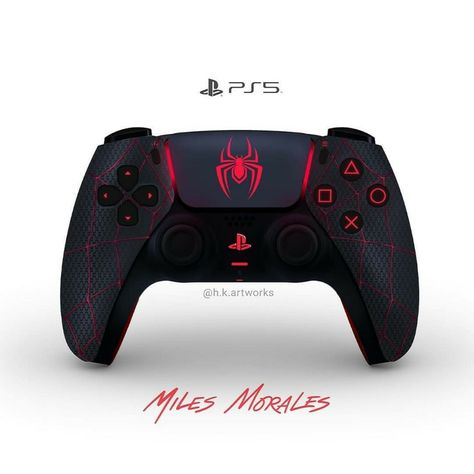 Spider Man Miles, Spider Man Miles Morales, Nerf Toys, Custom Consoles, Playstation Controller, Ps5 Controller, Controller Design, Red Color Schemes, Video Game Rooms