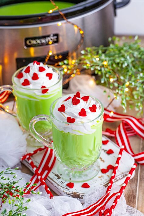 Grinch Hot Chocolate - My Incredible Recipes Grinch Hot Chocolate, Crock Pot Hot Chocolate Recipe, Grinch Drink, White Chocolate Bar, Heart Sprinkles, Cream Candy, Themed Drinks, Yellow Foods, Homemade Hot Chocolate