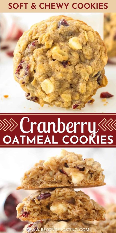 Thick, flavorful, and perfectly soft these Oatmeal Cranberry Cookies are laced with white chocolate chips and dried cranberries for a cookie that's sweet and just a bit tart. This easy cookie recipe comes together in just 20 minutes. Oatmeal Cranberry Cookies Recipe, Oatmeal Craisin Cookies, Chewy Oatmeal Cookies Recipe, Craisin Cookies, Cranberry Oatmeal Cookies, Cranberry Cookies Recipes, Easy Cookie Recipe, Oatmeal Cranberry Cookies, Oatmeal Raisin Cookies Chewy