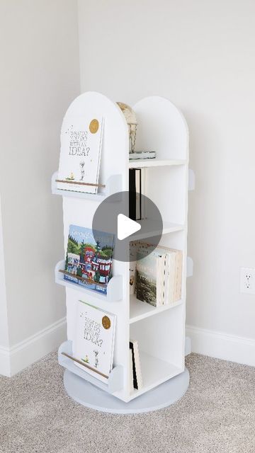 Zoe 🌿 DIY Furniture on Instagram: "Comment PLANS on this post and I'll send you the 🔗 to scoop up the printable plans for this DIY rotating bookshelf build as well as the blog post.  Both include the list of recommended tools and the full shopping list. The blog post is free to read and if you want to upgrade to the printable plans, they're on sale right now for $10!  This DIY rotating bookshelf is perfect for children's books and small toys or for novels. The shelves are deep enough that you can have two rows of chapter books so you can spin it around to reveal a whole new set of books! . . . . . #diybookshelf #diybookcase #rotatingbookcase #diyfurniture #buildfurniture #buildsomething #woodworkingprojectplans #diywoodworking #diywoodwork #woodworkforall #woodworkingplans_diy" Spinning Bookshelf Diy, Revolving Bookcase Diy, Diy Rotating Bookshelf, Diy Small Bookshelf, Kids Bookshelf Diy, Diy Kids Bookshelf, Bookshelf Build, Spinning Bookshelf, Rotating Bookcase