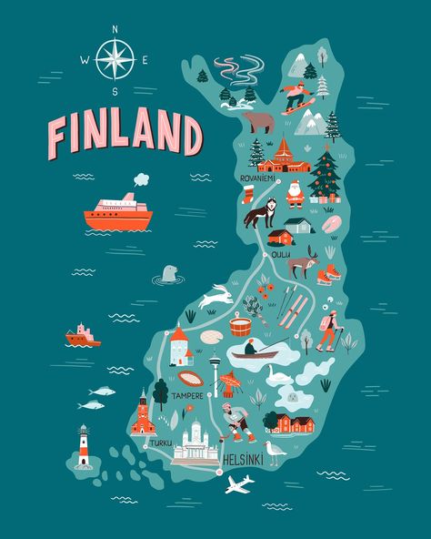 Finland Trip, Finland Map, Finland Country, Kids Travel Journal, Geography For Kids, Illustrated Maps, Illustration Travel, Finland Travel, Long Time No See