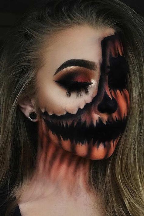 Creepy Pumpkin Makeup, Halloween Makeup 2022 Trends, Scary Pumpkin Makeup, Pumpkin Makeup Looks, Pumpkin Face Makeup, Pumpkin Makeup Halloween, Scary Face Makeup, Halloween Makeup Looks Scary, Halloween Makeup Pumpkin