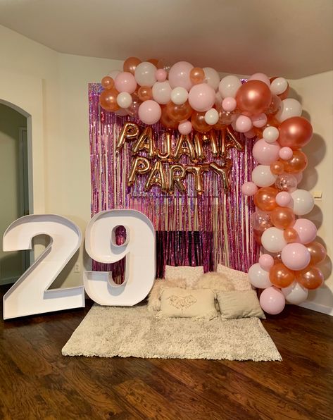 Pajama Party Pajama Jam Party For Adults, 40th Birthday Pajama Party, Pajama Party Decorations Ideas, 25th Birthday Sleepover Ideas, Grown Up Pajama Party, Pajama Party Decorations Backdrops, Pajama Party Photo Booth, Slumber Party Decorations Adult, 30th Birthday Slumber Party