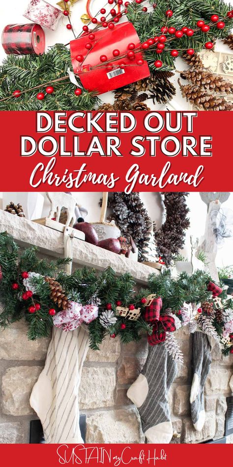 Learn how to decorate a plain garland for Christmas, at a fraction of the cost! We did this with a dollar store garland. Diy Christmas Garland On A Budget, Diy Dollar Tree Garland Christmas, Full Garland Christmas, Diy Holiday Garland Ideas, How To Make Your Own Garland, Easy Diy Christmas Garland, Dollar Tree Garland Ideas, Diy Garland Christmas Decor, Diy Outdoor Christmas Garland