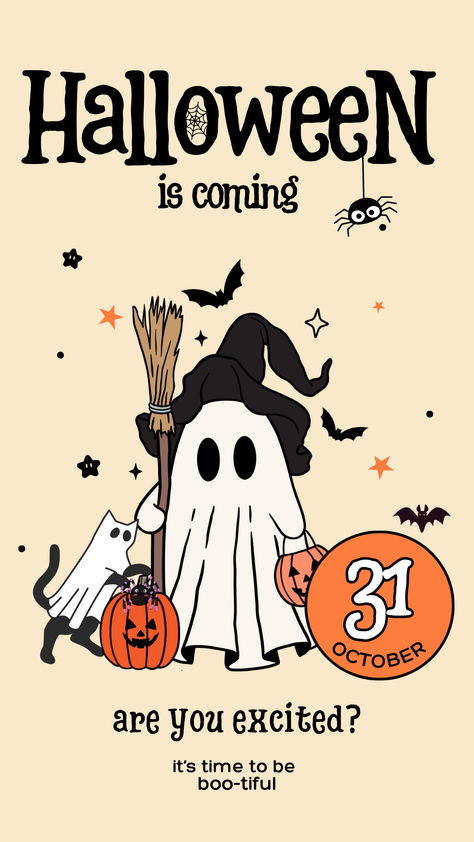 Cute Halloween characters featuring a ghost, spiders and bats Halloween Crafts, Halloween Make Up, Halloween Trends, Halloween Is Coming, Halloween Recipes, Fall Holidays, Halloween Wallpaper, Halloween Diy, Family Friends