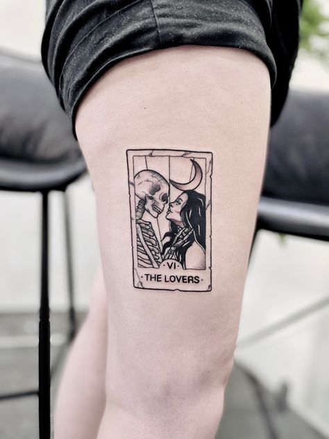 Tarot Card Tattoo Ideas, Tarot Card Tattoos, The Lovers Tarot Card Tattoo, Five Tattoo, Tarot Card Tattoo Design, Skeleton Couple Tattoo, Lace Thigh Tattoos, Card Tattoos, Ant Tattoo