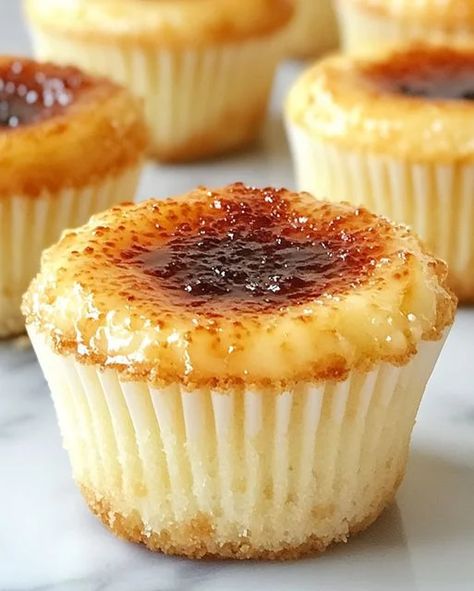 Discover how to make Crème Brûlée Cheesecake Cupcakes—a delicious dessert combining creamy cheesecake with a caramelized sugar crust. Best Creme Brulee Recipe, Cupcake Cheesecake, Cheesecake Cupcakes Recipe, Creme Brulee Cheesecake, Creme Brulee Recipe, Easy Cupcake Recipes, Dessert Simple, Cheesecake Cupcakes, Rich Desserts