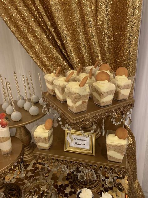 Gold Aesthetic Party Decor, Gold Party Ideas Golden Birthday, White And Gold Centerpiece, Cute Golden Birthday Ideas, Royal Birthday Party Ideas For Women, Gold Birthday Food Ideas, All White And Gold Party, Gold Snacks For Party, Semi Formal Birthday Party Ideas