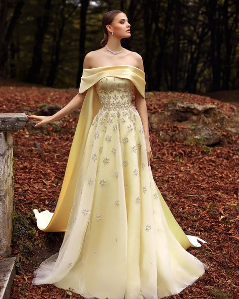 A Feminine pastel yellow color dress with flowing maxi cut made from tulle & Mikado cape. This dress is fully embroidered with scattered… | Instagram Gown With Cape, Yellow Evening Dresses, Grey Evening Dresses, Champagne Evening Dress, Gold Evening Dresses, Satin Evening Gown, Green Evening Dress, Pink Evening Dress, White Evening Dress