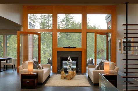 fireplace with windows above Contemporary Window Film, Fireplace Windows, Indoor Outdoor Fireplaces, Contemporary Windows, Trendy Living Rooms, Up House, Indoor Fireplace, Design Living Room, Living Room With Fireplace