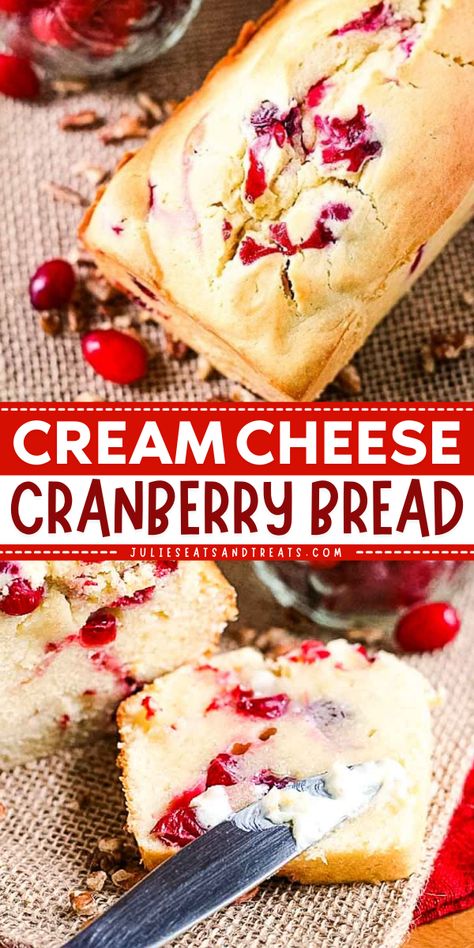 Easy to make a holiday brunch idea! This Cream Cheese Cranberry Bread recipe is amazingly soft and tender. Serve this bread that compliments the tart cranberries with a mug of coffee. Pin it for your easy Christmas morning breakfast! Cranberry Cream Cheese Tart, Cranberry Cream Cheese Scones, Christmas Breakfast Bread Recipes, Tea Ring Recipe Christmas Morning, Xmas Bread Ideas, Cranberry Bread Mini Loaves, Christmas Cranberry Bread, Cranberry Almond Bread, Cranberry Brunch Recipes