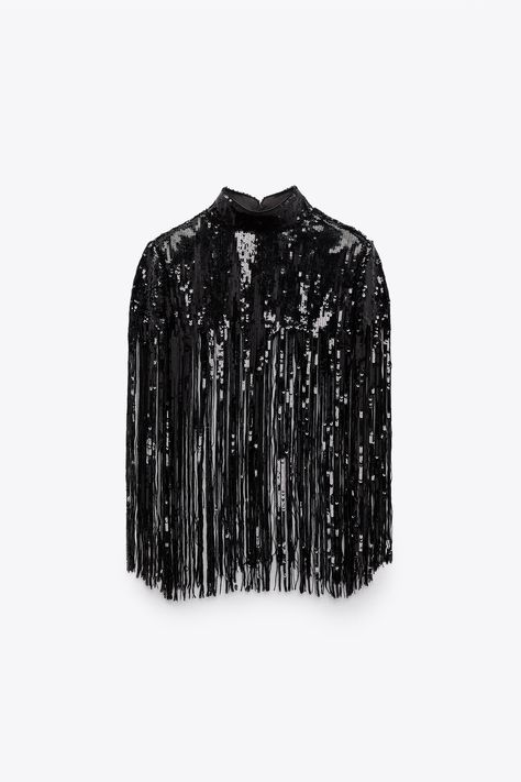 Sheer Midi Skirt, Cape Outfit, Sequin Cape, Fringe Shirt, Cape Tops, Fringe Fabric, Outfit Zara, Sequin Shirt, Black Tweed