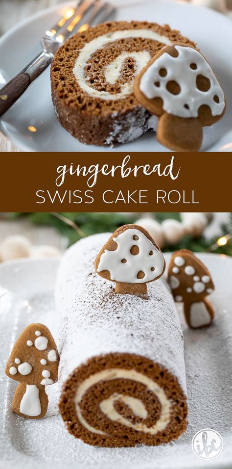 Gingerbread Swiss Roll Cake, Gingerbread Roll Cake, Swiss Roll Christmas, Swiss Cake Roll Recipe, Dessert Rolls Cake, Yule Cookies, Gingerbread Bread, Swiss Cake Roll, Christmas Cake Roll