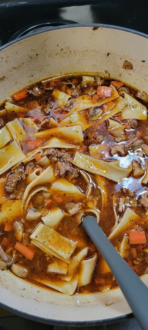 Recipes That Use Beef Stock, Beef Bourguignon Soup, Beef Bourguignon Soup With Egg Noodles, Beef Ribs Soup, Beef Stock Recipes Dishes, Beef Broth Soups, Beef Broth Soup Recipes, Soup With Egg Noodles, Saute Mushrooms