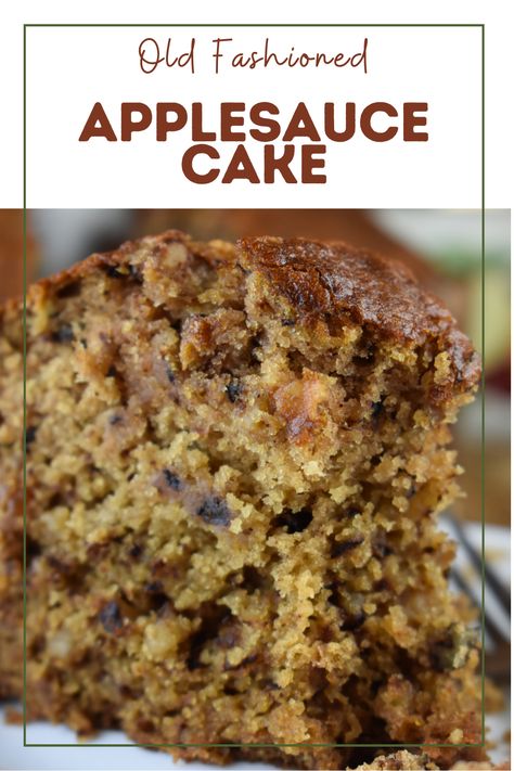 Slice of Applesauce Cake with chunks of walnuts and raisins. Applesauce Cake No Eggs, Homemade Applesauce Cake Recipes, Applesauce Loaf Recipe, Applesauce Bundt Cake Easy, Best Applesauce Cake Recipe, Applesauce Raisin Spice Cake, Applesauce Cake With Cream Cheese Icing, Apple Cake Made With Applesauce, Applesauce Sheet Cake