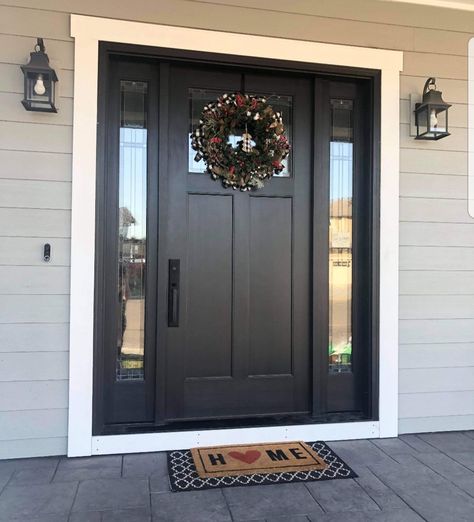 Black Front Door One Sidelight, Black Entry Doors With Sidelights, Black Exterior Doors Front Entry Modern, Farmhouse With Black Door, Black Front Door Sidelights, Black Matte Front Door, Black From Door, Black Front Door No Windows, Front Door With Right Sidelight