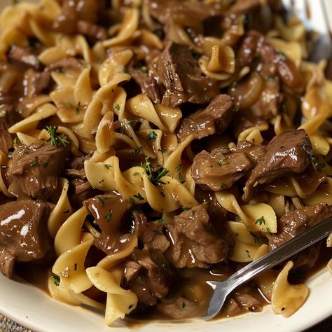 Crockpot beef tips & noodles Beef Tips Noodles, Beef And Noodles Crockpot, Crockpot Beef Tips, Homemade Beef Broth, Beef Tips And Noodles, Beef Tips And Gravy, Brown Gravy Mix, Stew Meat Recipes, Sweater Pumpkins