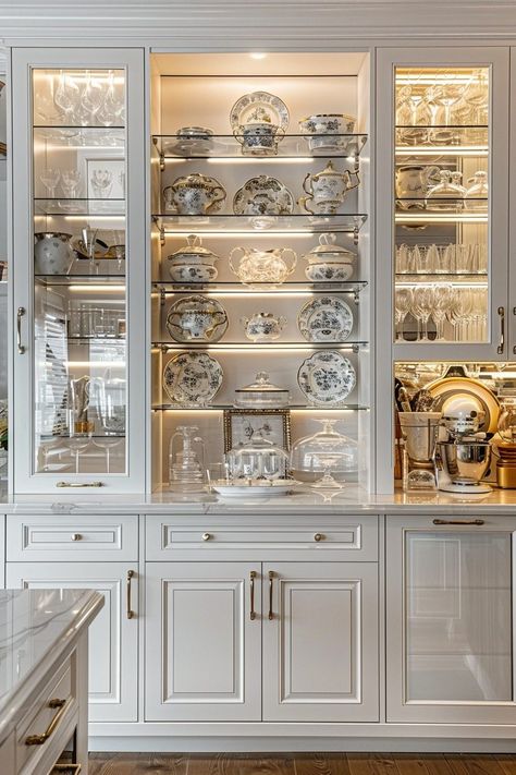 29 Elegant Kitchen Decor Ideas to Transform Your Cooking Space 7 Kitchen Glassware Display, Kitchen Glass Cabinets Display Ideas, Fine China Display, Kitchen Glass Cabinets, Glass Front Kitchen Cabinets, Peaceful House, Smart Kitchen Technology, Built In China Cabinet, Elegant Kitchen Decor