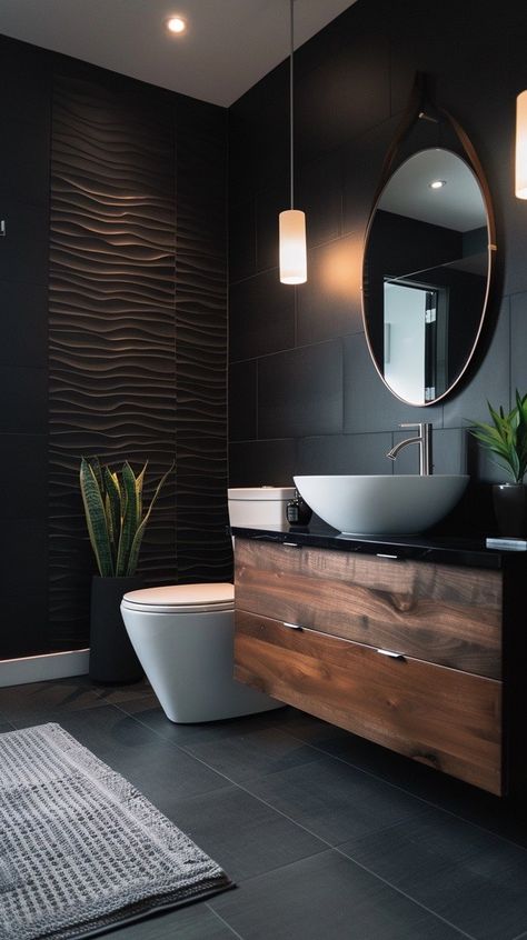 Dark Style Bathroom, Modern Luxury Bathroom Black, Bathroom Interior Design Dark, Bathroom Interior Dark, Dark Washroom, Black Toilet Bathroom Ideas, Dark Guest Bathroom, Bathroom Black Sink, Modern Dark Bathroom