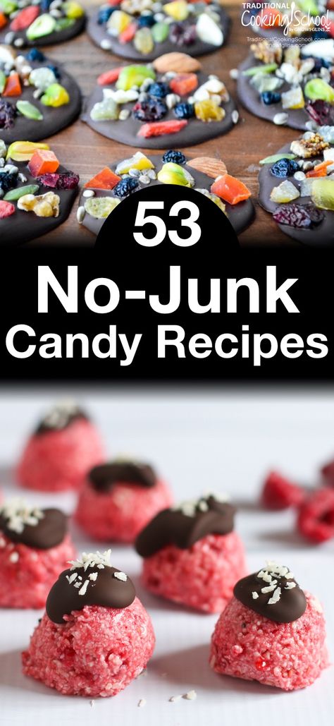 53 No-Junk Candy Recipes | Does Easter feel like Halloween's Spring cousin to you too? Just when we get rid of all that orange and black junk, we find the same junk six months later -- this time cloaked in happy pastel bunnies and tulips. There's no reason we should have to deprive anyone of sweets, especially during special holidays. Here are 53 candy recipes that contain zero junk -- no high fructose corn syrup, no artificial colors, no artificial flavors. | TraditionalCookingSchool.com Sugar Free Candy Recipes, Healthy Candy, Healthy Easter, Sugar Free Candy, Candy Recipe, Candy Recipes Homemade, Homemade Candies, Healthy Sweets, Healthy Treats