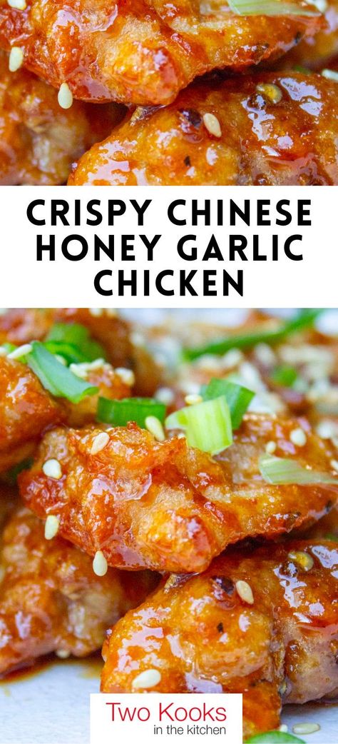 If you’re looking to satisfy a craving for crispy, fried and sweet, this Chinese honey garlic chicken recipe will do the trick. It makes a delicious appetizer or main dish and is surprisingly easier than you think. The honey garlic chicken tastes just like take-out, fresh off the stove. Sweet, sticky, crispy and delish! Homemade Chinese Food, Chinese Cooking Recipes, Garlic Chicken Recipes, Easy Chinese Recipes, Honey Garlic Chicken, Food Recepie, Chinese Cooking, Chicken Dishes Recipes, Honey Garlic