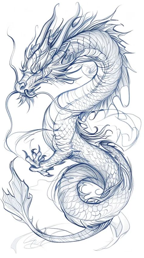 Dragon Wrapped Around, Japanese Dragon Drawing Sketches, Dragon Stencil Tattoo, Detailed Art Drawings, Sketches Of Dragons, Large Dragon Tattoo, How To Draw A Dragon, Dragon Art Drawing, Water Dragon Tattoo