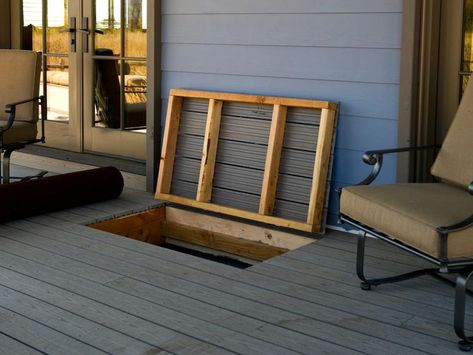 Deck trap door for access below. Office Courtyard, Under Deck Storage, Yard Remodel, Deck Storage, Deck Building, Floating Deck, Under Decks, Hgtv Dream Home, Patio Storage