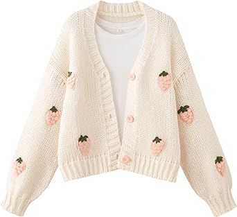 FindThy Women’s Kawaii Strawberry Embroidered Cardigan Long Sleeve V Neck Chunky Knitted Cardigans Tops Tokyo Clothes, Kawaii Strawberry, Matcha Smoothie, Knitted Cardigans, Cardigan Long Sleeve, Modern Clothing, Cardigan Sweater Coat, Cute Cardigans, Embroidered Cardigan