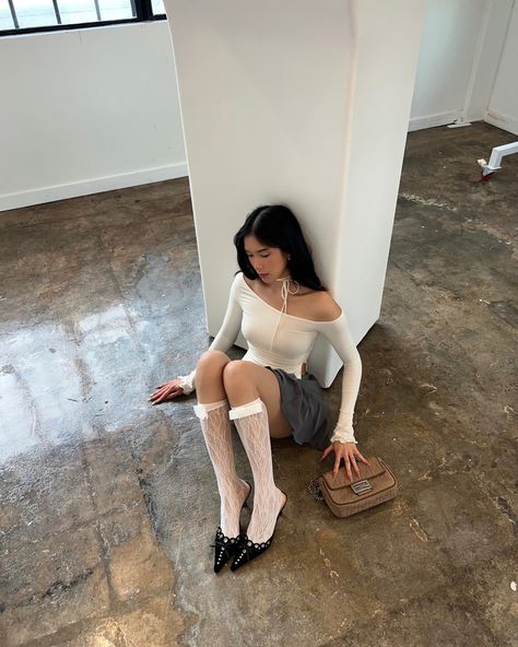 Fall fashion, white fox top, motel rocks skirt, pleated skirt, Tony bianco heels, kitten heels, pointed toe heel Date Night Korean, Cute Tights Outfit, Knee Socks Outfits, Kitten Heels Outfit, High Socks Outfits, Heels And Socks, Psychology Student, Ballet Core, Coquette Style