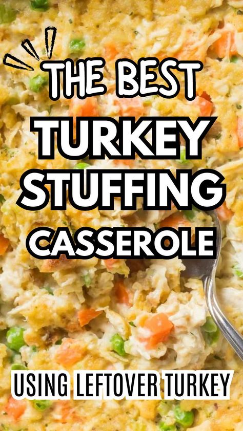 Make this turkey stuffing casserole with Thanksgiving or Christmas leftovers. This turkey stuffing casserole recipe is easy to whip together with a creamy flavoring to enhance every ingredient. A simple oven bake leftover turkey recipe to add to your family dinner repertoire or tailgating recipes for game day & pot lucks. Leftover Ham And Turkey Casserole, Recipes For Ground Turkey Dinners, Ground Turkey And Stove Top Stuffing Casserole, Turkey Mashed Potato Stuffing Casserole, Different Turkey Recipes, Turkey And Stuffing Casserole Crockpot, Weight Watcher Thanksgiving Recipes, Meals Using Leftover Turkey, Ways To Use Turkey Leftovers