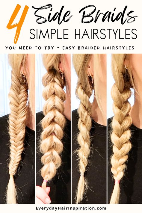 How to create four side braids: the fishtail braid, three-strand braid, twisted rope braid, and pull-through braid. Perfect for any occasion! How To Side Braid Your Own Hair Simple, How Do You Do Braids, Side Braid Tutorial Step By Step, Easy Low Braid Hairstyles, Fake Braid Tutorial, How To Do A Side Braid, Chunky Side Braid, How To Dutch Braid, One Side Braid