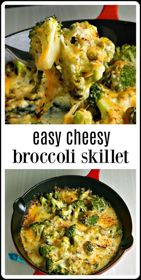 Easy Cheesy Broccoli Skillet is over the top cheesy deliciousness in no time at all! Great for a side for something simple, even better for a dinner party! #Broccoli #BroccoliCheeseDish #BroccoliCheeseSkillet Cheesy Broccoli Bake, Broccoli Mozzarella Recipes, Cheesey Broccoli Recipes, Easy Side Dishes For Dinner Quick, Sauteed Broccoli Recipes, Good Sides For Chicken, Cauliflower Casseroles, Broccoli Side Dish Recipes, Cheesy Veggies