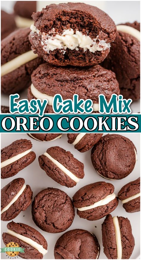 Simple recipe for Easy Homemade Oreo Cookies made with a chocolate cake mix! Soft, perfectly sweet chocolate sandwich cookies that everyone goes crazy over! Soft Oreo Cookie Recipe, Oreo Cookie Cake, Homemade Oreo Cookies, Oreo Cookie Recipes, Recipes Using Cake Mix, Cookie Sandwich Recipes, Chocolate Oreos, Chocolate Sandwich, Chocolate Sandwich Cookies