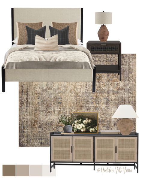 King Bed Styling, Pottery Barn Bedroom Master, Modern Transitional Bedroom, Modern Vintage Bedrooms, Transitional Bedroom Design, Pottery Barn Bedrooms, Bedroom Mood Board, Vintage Inspired Bedroom, Neutral Bedroom Decor