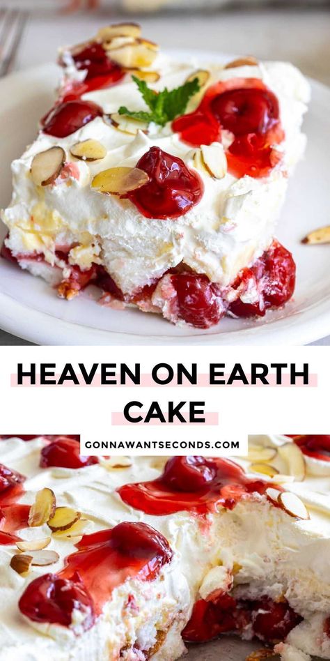 *NEW* Easy no-bake heaven on earth cake is layered with fluffy angel food cake, sweet-tart cherry pie filling, and creamy pudding layer. A trifle in a 9X13 dish! #nobakecake #angelfoodcakerecipes Fluffy Desserts, Strawberries Desserts, Heaven On Earth Cake, Lush Desserts, Army Cake, Earth Cake, Dessert Halloween, Cake Light, Turtle Cheesecake