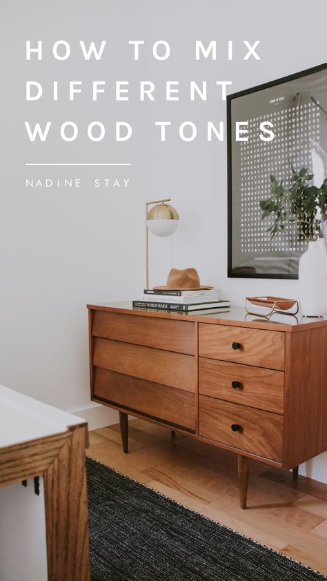 From wood flooring to furniture and wood ceiling beams, when incorporating more than one wood tone in your home it's important to make sure they blend. Read these 6 tips for blending and mixing more than one wood tone and species in your home for a cohesive look. | Nadine Stay #woodtones #mixingwood #woodflooring #woodfurniture #woodbeams #designtips #flooring #interiorstyling Wood Color Interior Design, Colors That Go With Wood Furniture, Walnut Wood Furniture Bedrooms, Combine Wood Tones, Wood Floor With Wood Furniture, Color Palette For Wood Furniture, Wood Furniture With Wood Floors, Bedroom Furniture With Dark Wood Floors, Bedroom Design Wood Furniture