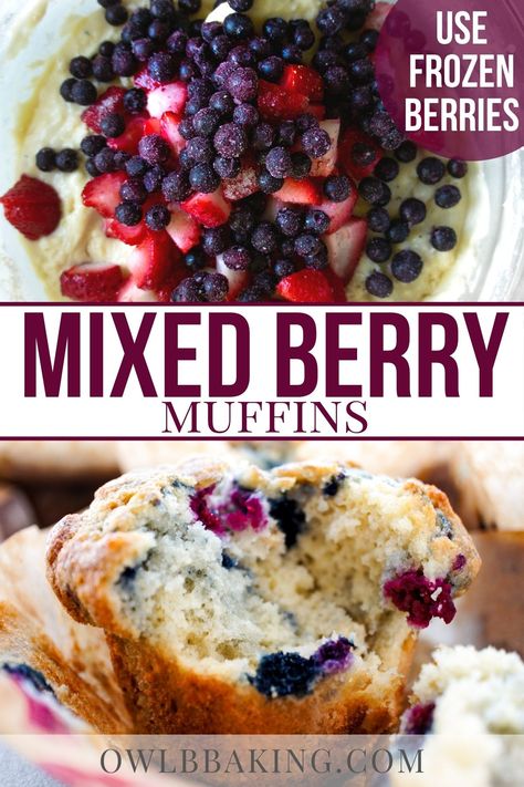 Muffins Mixed Berry, Frozen Fruit Baking Recipes, Yogurt Berry Muffins, Recipes Using Mixed Berries, Berries Muffin Recipe, Frozen Berry Breakfast Ideas, Frozen Berry Bread, Frozen Triple Berry Recipes, Mixed Berries Muffins