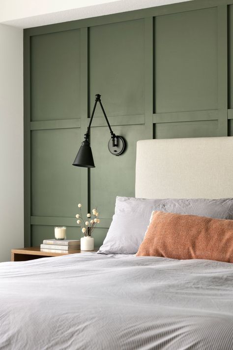 Wall Lights Bedroom Modern, Matte Green Accent Wall, Dark Green Batten Board, Square Accent Wall Bedroom, Blue Board And Batten Wall Bedroom, Batten Board Bedroom, Orange Board And Batten, Bedroom Wall Texture Design, Board And Batten Wall Behind Bed