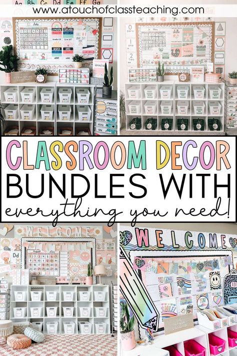 These classroom decor bundles include everything you need to create the beautiful classroom of your dreams. From labels to bulletin boards and more, you will be able to print and hand all of your adorable new classroom decor! Classroom Bundle Decor, Kindergarten Bulletin Boards Educational, Classroom Decor Bundle Free, Subject Bulletin Boards, Student Goal Setting Sheet, Classroom Sayings, Student Work Bulletin Board, Student Goal Setting, Kindergarten Classroom Themes