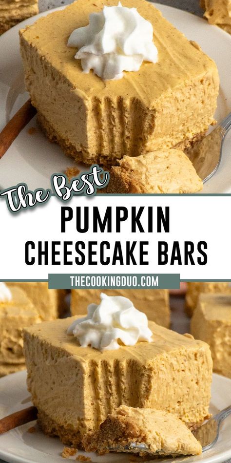 No bake pumpkin cheesecake bar with a bite taken out of it. No Bake Pumpkin Cheesecake Bars, Pumpkin Drink Recipes, Amazing Cookie Recipes, Fall Cookie Recipes, No Bake Pumpkin, Bake Pumpkin, Pumpkin Cheesecake Bars, Pumpkin Cookie Recipe, No Bake Pumpkin Cheesecake