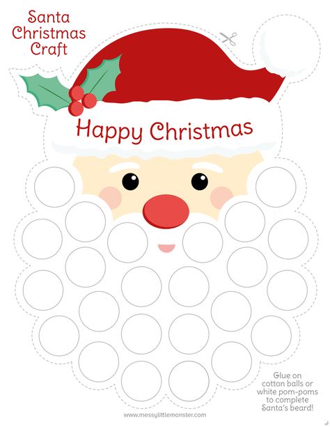 Cotton Ball Santa Beard, Santa Claus Countdown Craft, Preschool Countdown To Christmas, Santa Countdown Printable, Cut Santas Beard Preschool Free, Santa Cotton Ball Craft, Christmas Cotton Ball Crafts, Santa Countdown Beard, Cotton Ball Santa Craft