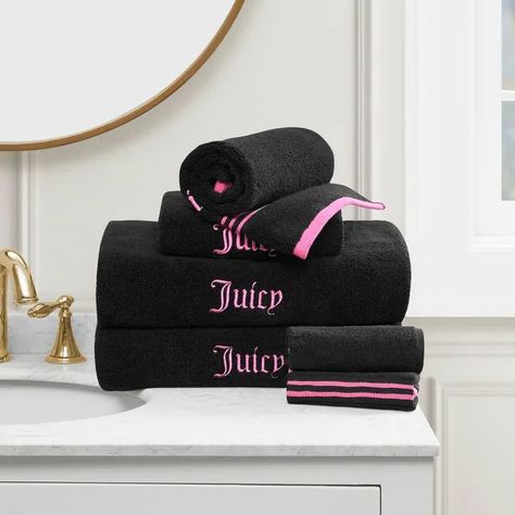 Juicy Couture Neon Border Bath Towels 6-Piece - Bed Bath & Beyond - 41077720 Juicy Couture Decor, Pink And Black Bathroom Ideas, Black And Pink Bathroom Ideas, Pink And Black Bathroom, Bedroom Stuff, Cozy Throw Pillows, Future Apartment, Random Ideas, Pink Bathroom