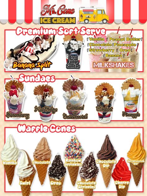 Mr. Cone Ice Cream - Ice Cream Truck, Soft Serve Catering Ice Cream Truck Menu Ideas, Soft Serve Ice Cream Truck, Soft Ice Cream Recipe, Ice Cream Ideas For Business, Ice Cream Menu Ideas, Ice Cream Soft Serve, Soft Serve Ice Cream Ideas, Soft Ice Cream Ideas, Ice Cream Food Truck