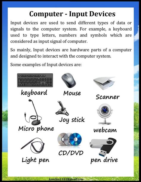 computer input devices and its uses - to know more-for primary grade Computer Education Teaching, Computer Science Lessons, Computer Lab Lessons, Computer Keyboard Shortcuts, Computer Devices, Computer Notes, Basic Computer Programming, Computer Maintenance, Computer Lessons