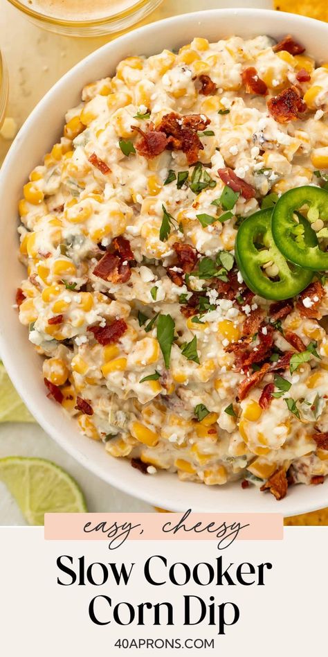 Cream cheese, fire-roasted corn, fresh jalapeños, bacon, and melty shredded cheese - corn dip just doesn’t get better than this. Made in the Crockpot or slow cooker for the ultimate hands-off appetizer. Dips Made In Crockpot, Corn Jalepeno Dip Crock Pot, Healthy Crockpot Dips For Parties, Corn Dip Hot Crock Pot, Street Corn Crockpot Dip, Skillet Corn Dip, Southern Corn Dip, Cheesy Corn Dip Crockpot, Queso Corn Dip Crockpot