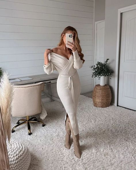 Long Dress With Boots, White Sweater Dress Outfit, Sleeve Boots, Wrap Dress Outfit, Cream Sweater Dress, Midi Dress Outfit, Wrap Dress Midi, White Sweater Dress, Wrap Sweater Dress