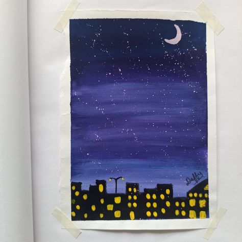 Night sky city lights moonlight starry sky starry night City Lights Drawing Easy, Night Sky Canvas Painting Easy, Night City Painting Acrylic, Moonlight Painting Night Skies, City Lights Painting Easy, Night City Painting Easy, Night Drawing Moonlight, City Lights Drawing, City Night Drawing