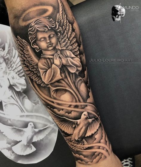 The broken heart stands out as a symbol of profound emotional resonance, representing not just heartbreak, but resilience, healing, and evolution. In this Angel Sleeve Tattoo, Arm Tattoos For Guys Forearm, Heaven Tattoos, Half Sleeve Tattoos Drawings, Realistic Tattoo Sleeve, Men Tattoos Arm Sleeve, Cool Arm Tattoos, Forearm Sleeve Tattoos, Cool Forearm Tattoos